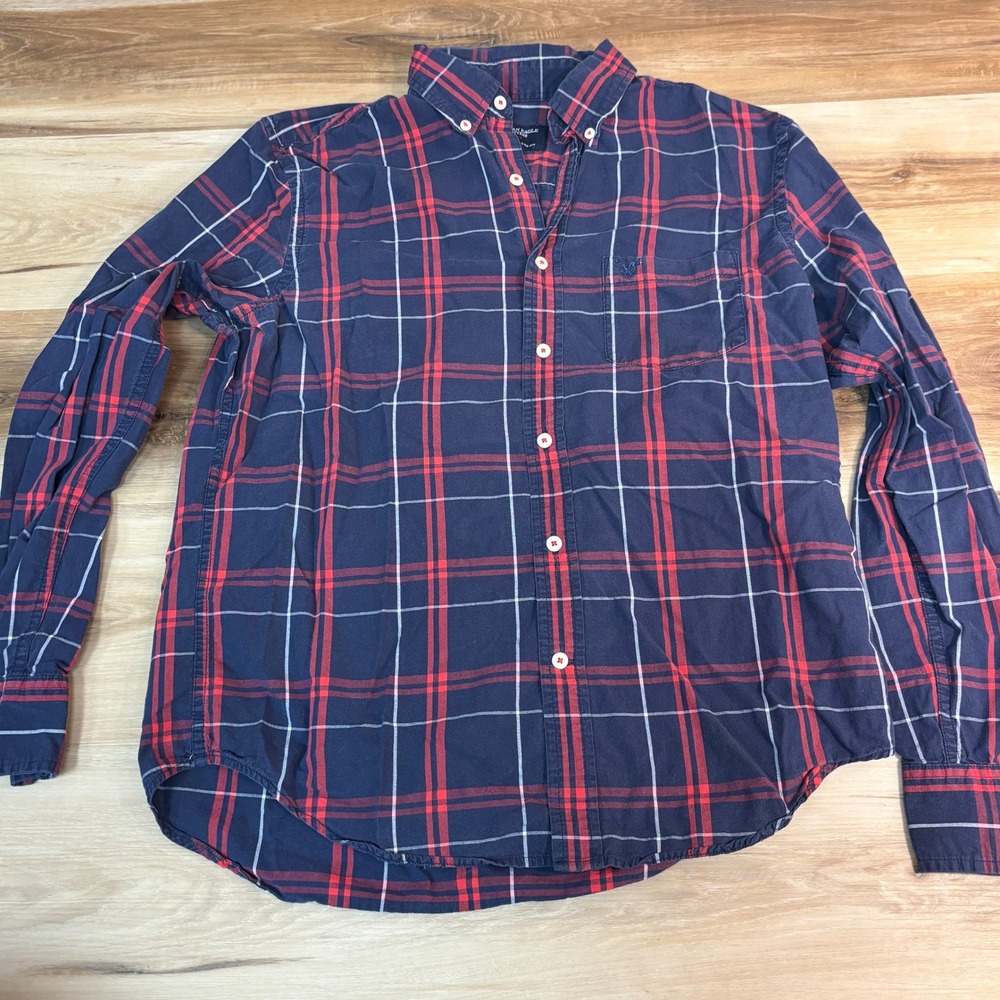 American Eagle Shirt Mens Prep Fit Plaid Button Down Medium Blue Red